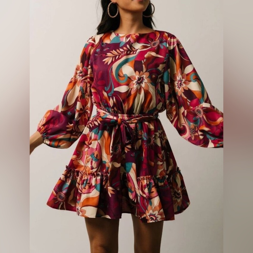 Baltic Born Tally Tropical Paradise Floral Long Sleeve Mini Dress Colorful Flowy - Picture 1 of 6